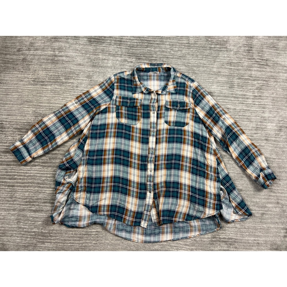 Jodifl Button Down Shirt Womens Small Teal Plaid Babydoll Drawstring Back J1785
